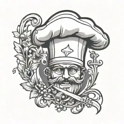 Crest tatoo with a chefs hat, crossed chefs kinves, pan, fire, vine tomato wreath tattoo design idea