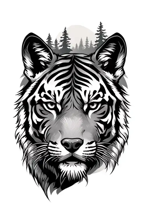 half tiger face on forearm tattoo with wolf face and woods above it tattoo design idea