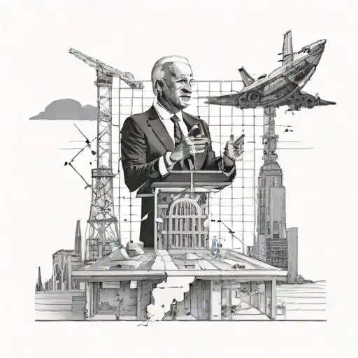 A surreal scene of Joe Biden giving a speech on top of a giant engineering blueprint, surrounded by futuristic cityscapes tattoo design idea