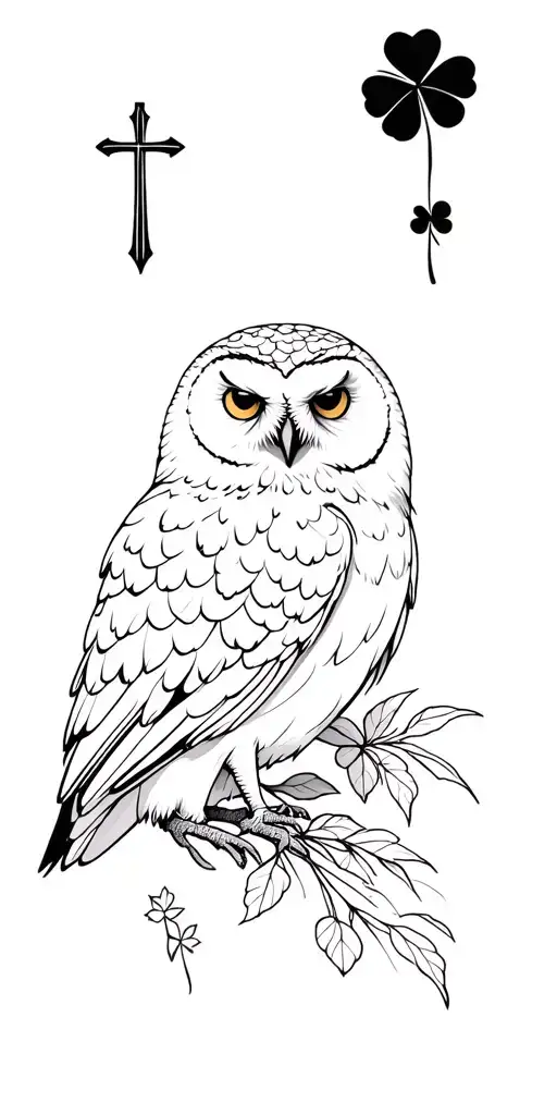 A tattoo designed featuring a snow owl, a four leaf clover, a cross with a background being nature tattoo design idea