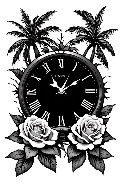 Roses 60 days sober broken clock palm trees tattoo design idea