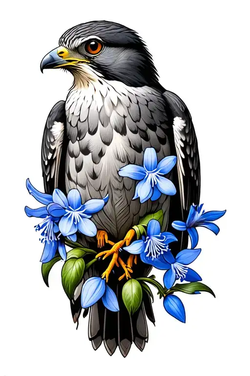 kestrel carrying bluebell flowers symbolizing tattoo design idea