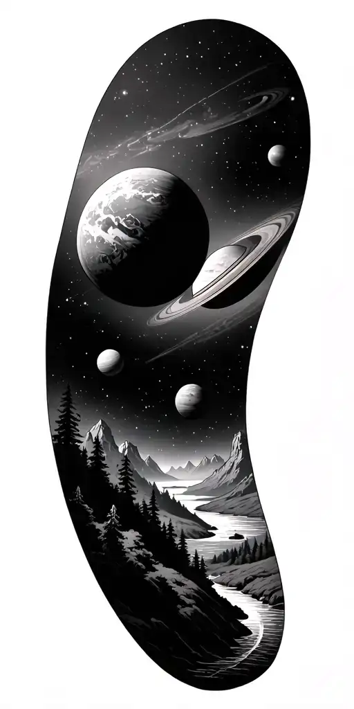 Excerpt from a galaxy with landscape from mountains, forest and river, circled by planets tattoo design idea