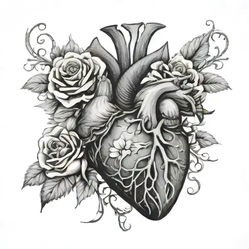 anatomical heart crown flowers growing tattoo design idea