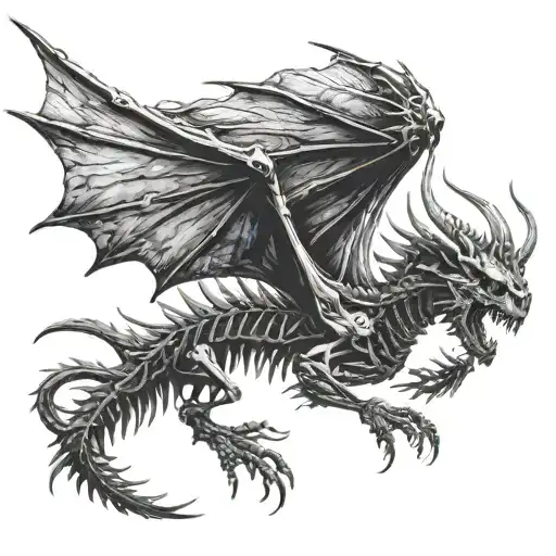 A black skeleton dragon flying straight upward with wings spread tattoo design idea