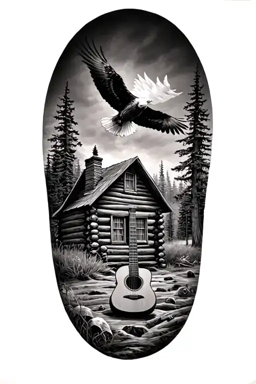 log cabin with an acoustic guitar in front and an eagle flying above. nature scene  tattoo design idea