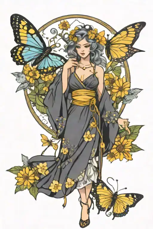 Top woman holding scales (Libra) Flowers- birth flowers, & yellow daisies  Dragon fly, butterfly, umbrella tattoo design idea