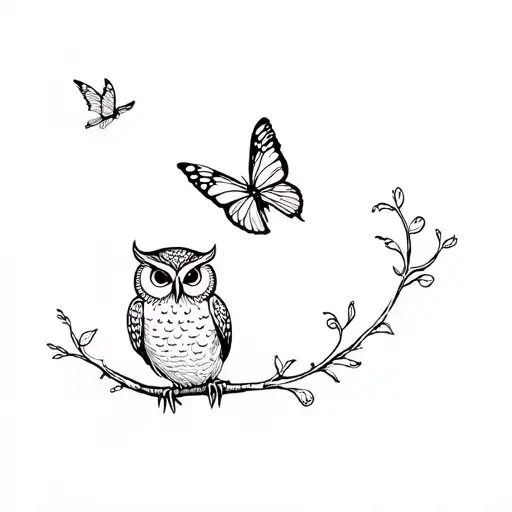 of an owl and next to it, a butterfly, both flying next to each other tattoo design idea