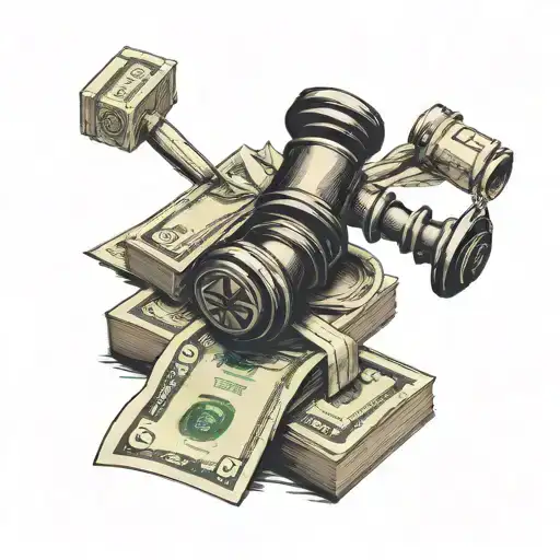 A stack of cash with a gavel intertwined, symbolizing the intersection of law and wealth tattoo design idea