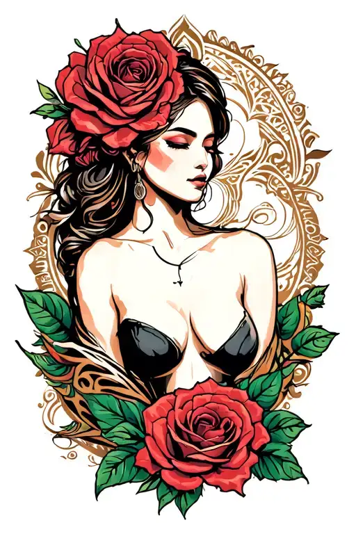 side boob tribal with rose surrounded tattoo design idea