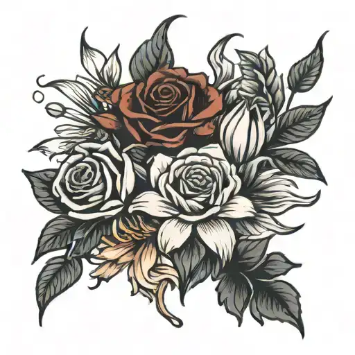 a rose, lilies, belladonnas, and chrysanthemum bouquet tattoo design idea