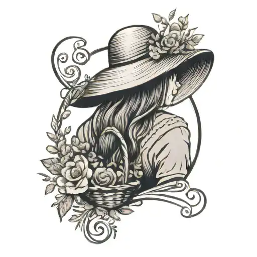 circular logo in which there is a peasant woman seen from behind wearing a straw hat and a basket of flowers tattoo design idea