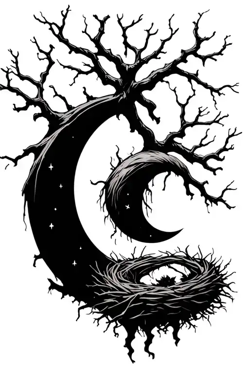 A black silhouette of a twisted, bare poison tree (like a dead apple tree or nightshade plant) with a crescent moon nest tattoo design idea