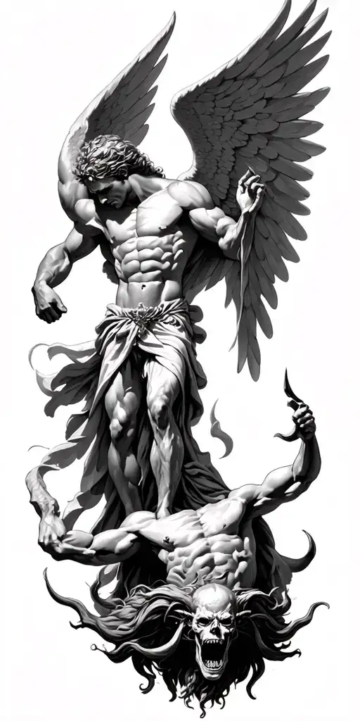 archangel Michael defeating satan below him tattoo design idea