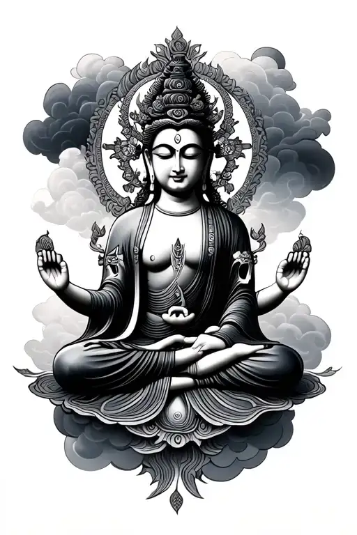 Green Tara sitting in tibetan clouds surrounding tattoo design idea