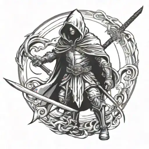 A full-length hooded warrior standing straight with his sword lowered tattoo design idea