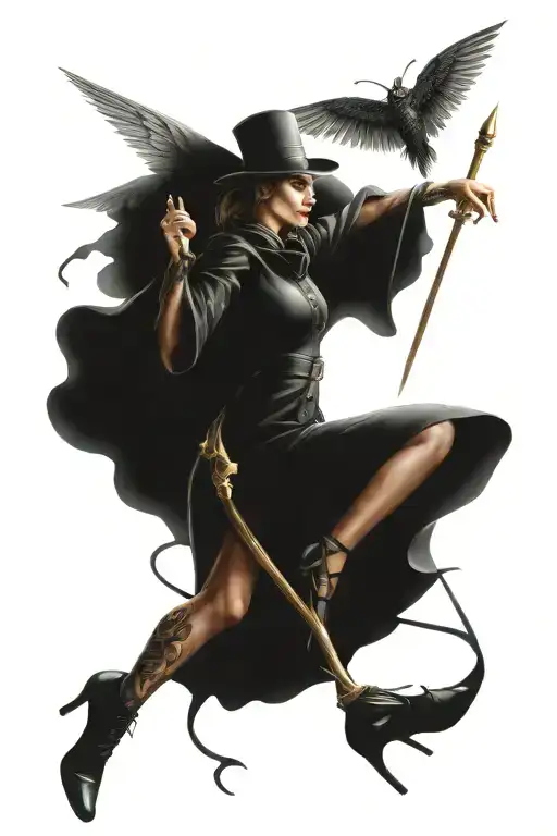 woman magician with wings and scepter flies into battle honor courage tattoo design idea