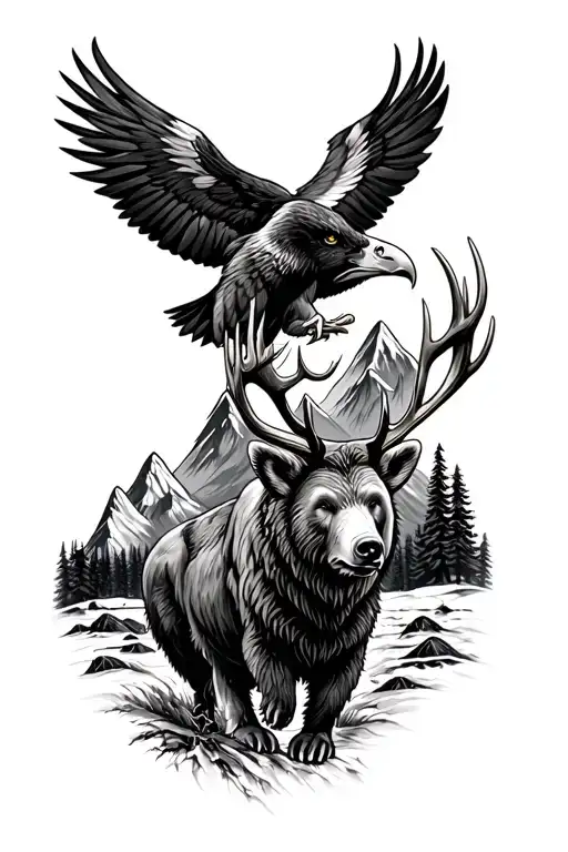 Bear, buck, eagle with Mountains behind it tattoo design idea