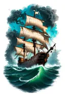 "in color with tentacles" pirate ship sailing through storm with kraken taking ship down tattoo design idea