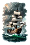 "in color with tentacles" pirate ship sailing through storm with kraken taking ship down tattoo design idea