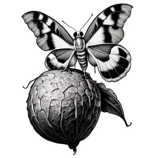 Create a highly detailed, realistic tattoo design of a silk moth perched on top of its cocoon.  tattoo design idea