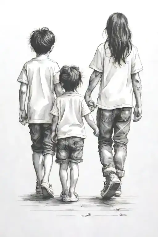 a girl woth black hair and 2 little brothers, one with bigger ears, holding hands walking away tattoo design idea