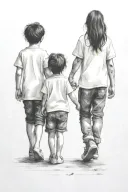 a girl woth black hair and 2 little brothers, one with bigger ears, holding hands walking away tattoo design idea