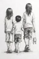 a girl woth black hair and 2 little brothers, one with bigger ears, holding hands walking away tattoo design idea