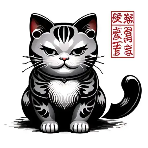 “A traditional Japanese forearm sleeve tattoo design in Irezumi style. A side-view Maneki Neko (beckoning cat) wearing  tattoo design idea