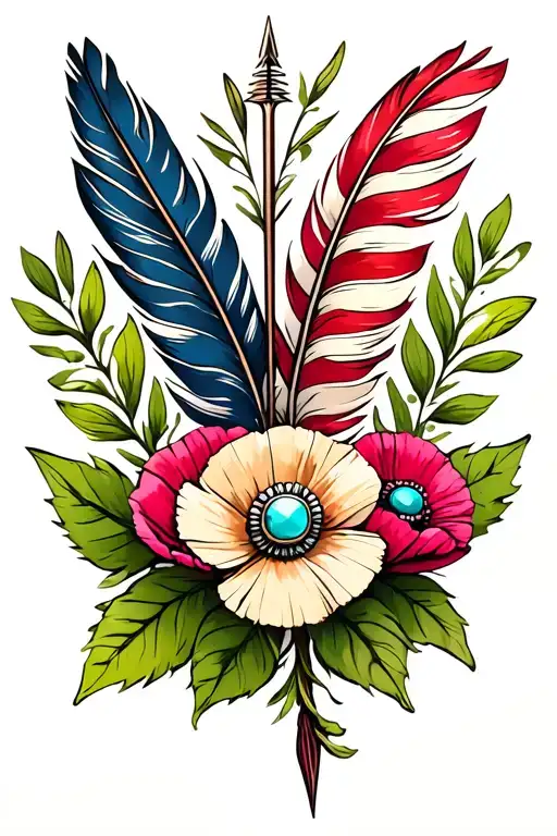colorful feathers on top and bottom, american flag, poppy flowers, green leaves, western turquoise brooch,   with arrow  tattoo design idea