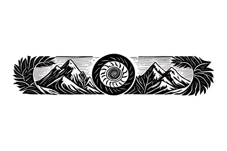 Pachamama spiral with mountain outline intertwined coca leaves tattoo design idea