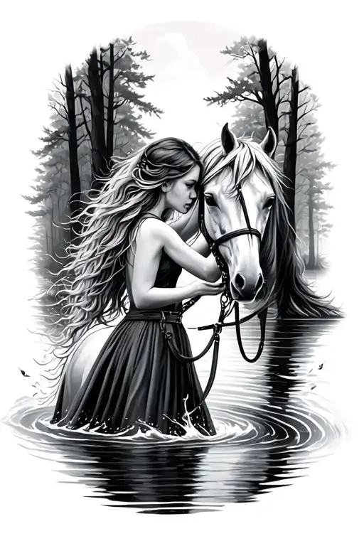 girl leading horse by the reigns through water in a forest tattoo design idea