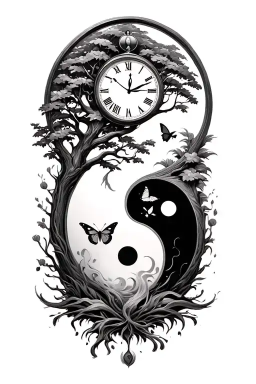 Yin Yang, tree, sand clock, time, butterfly tattoo design idea