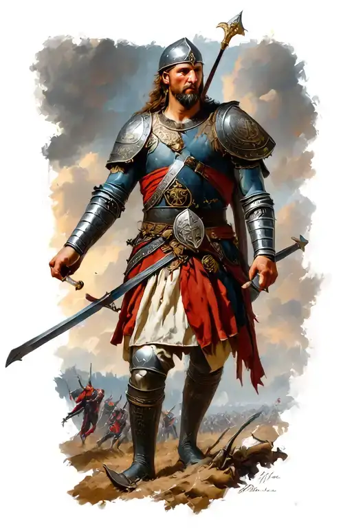 Germanic warrior in battle scene tattoo design idea