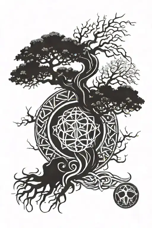 Yggdrasil supporting the nine realms symbool with norse runes tattoo design idea