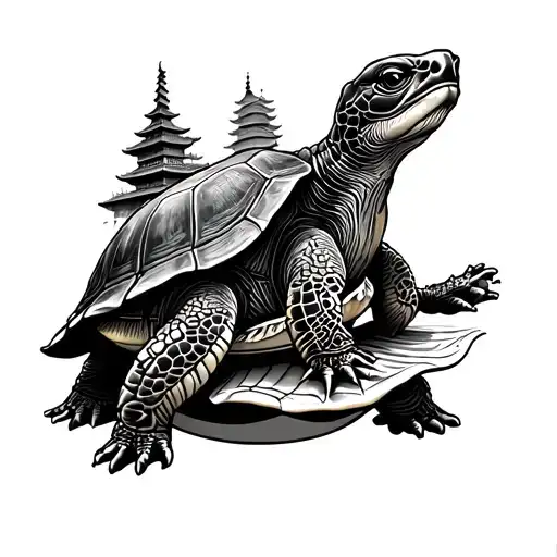 traditional american style tattoo of top down view of turtle with pagoda on shell tattoo design idea