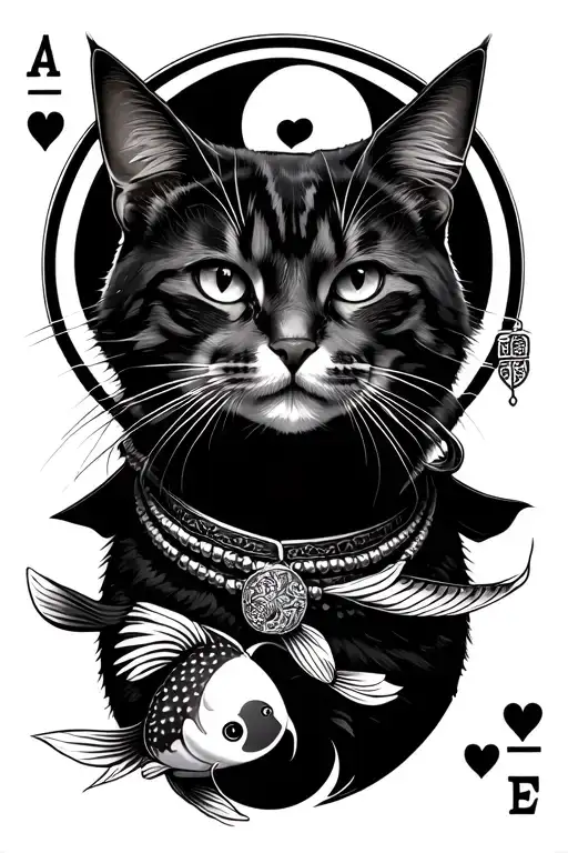  a cat samurai circled araund by ying and yang koi fish and a necklece of a card jack of hearts tattoo design idea