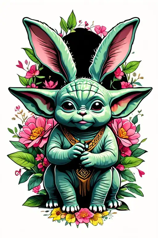 pink elephants, baby yoda's and tattoed bunny's tattoo design idea