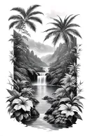 on the triceps tropical foliage with a waterfall in the background even more foliage tattoo design idea