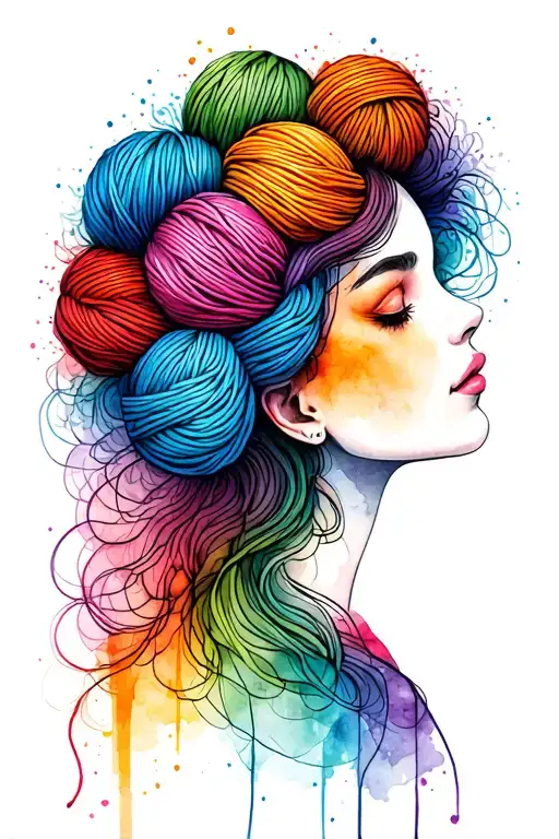 female face side profile with yarn exploding from top of head depicting tangled thoughts  tattoo design idea