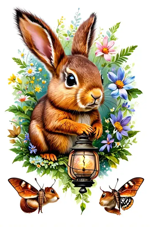 Brown bunny, flowers and greenery, one red squirrel, one chipmunk, one lantern moth, one small snail, and one field mous tattoo design idea