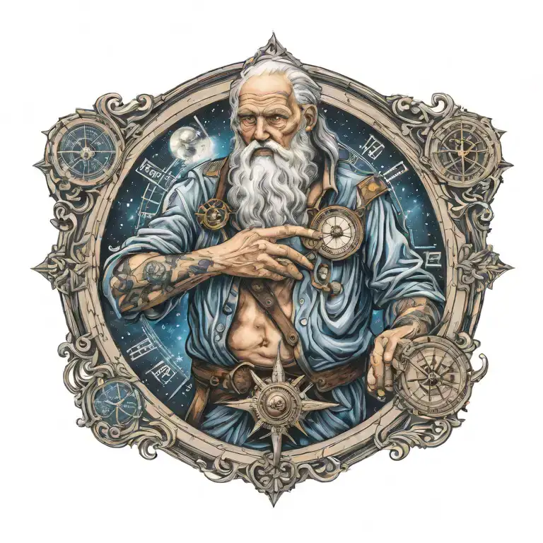 Father Time with tattoos, crying, holding a nautical compass, square and compass,  starry night background tattoo design idea