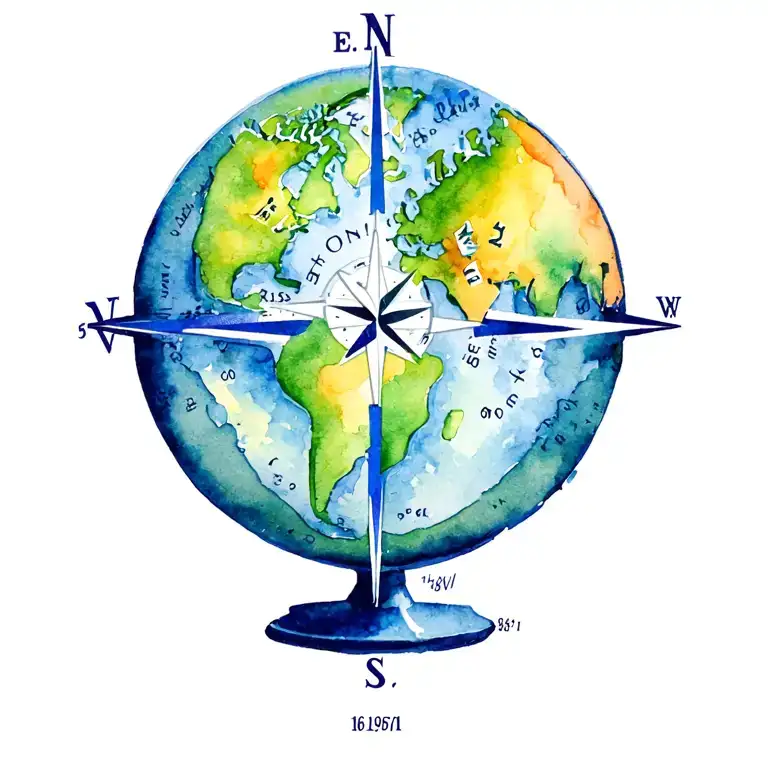 earth globe, a star 3D compass with N, S, E, W, Latitude 39.103118°N, Longitude 84.512020°W, and my birthdate 8/16/1961 tattoo design idea