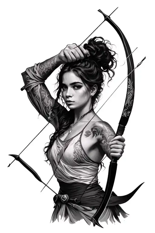 Woman holding bow and arrow realistic tattoo design idea