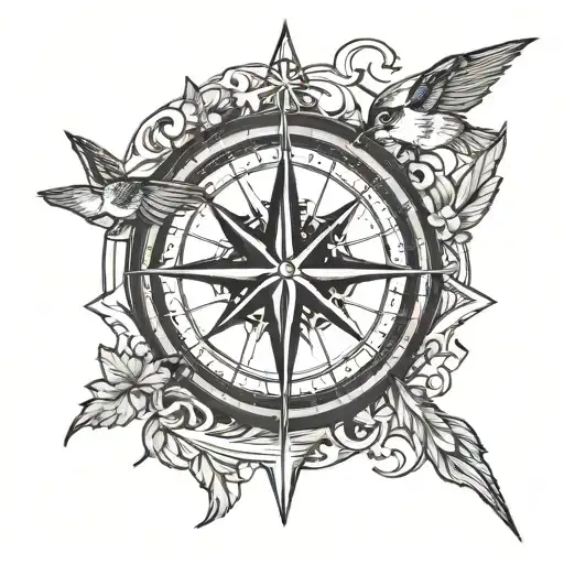 hiking compass swallows mountains  tattoo design idea