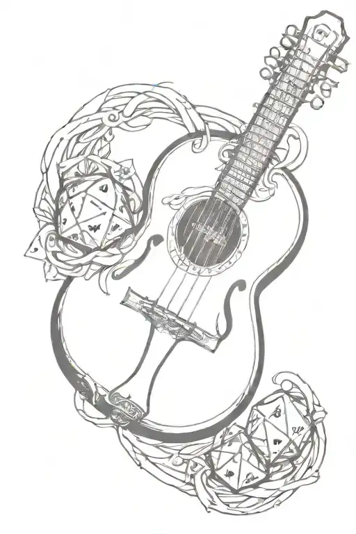lute instrument intertwined with dungeons and dragons dice tattoo design idea