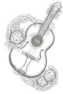 lute instrument intertwined with dungeons and dragons dice tattoo design idea