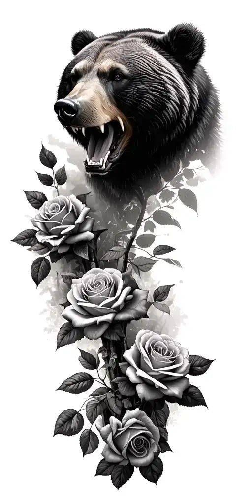 Growling bear head roses in forest landscape rosa de los tattoo design idea