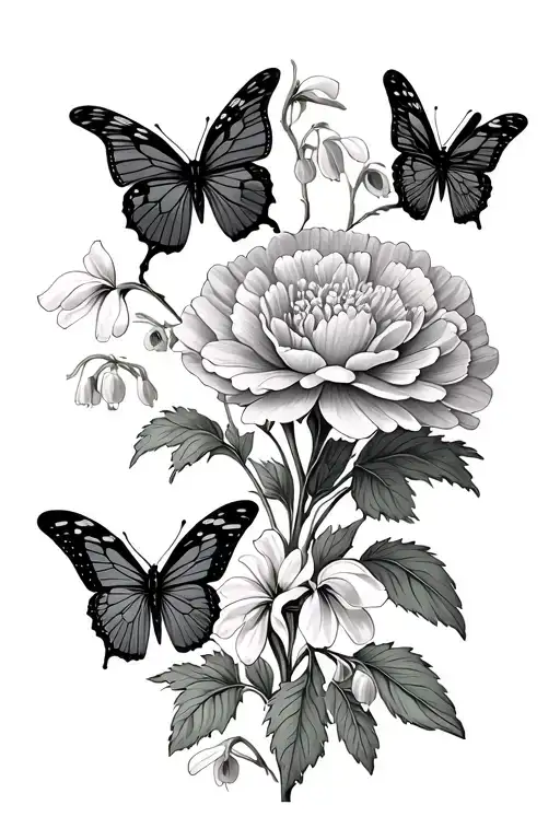 Butterflies and carnation and snowdrop flowers with vines tattoo design idea