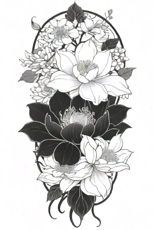one continuous vine with small roses, small peonies, small daisies, small lotuses that are spaced out  tattoo design idea